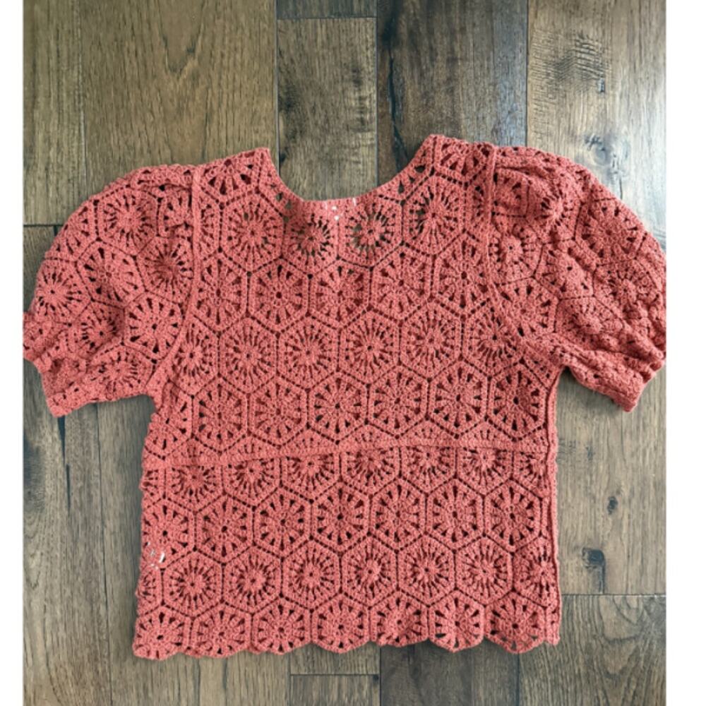 Ultra Pink Burnt Sienna Crochet Crop Top Puff Sleeves Scallop Hem Size M - Picture 5 of 6